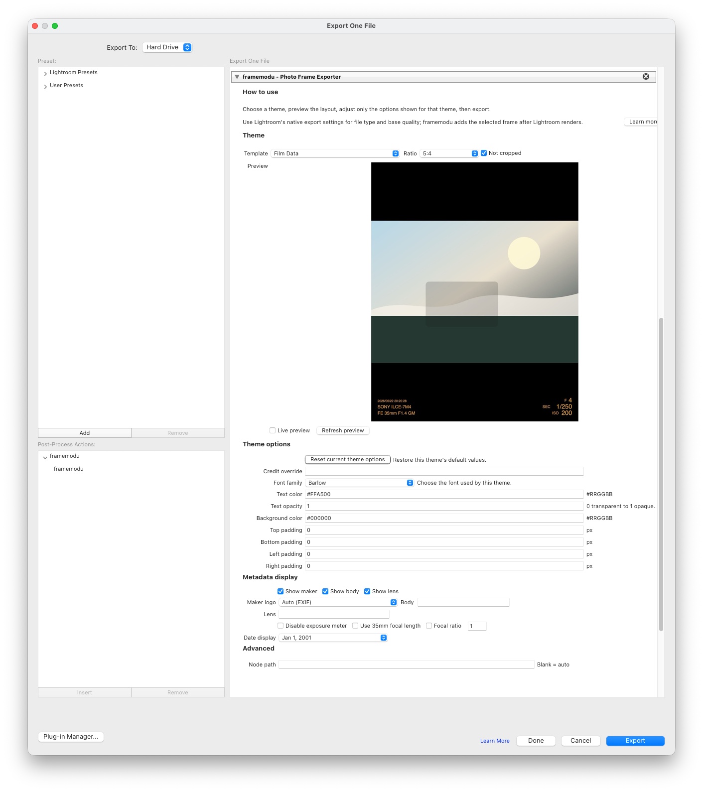 The real Lightroom Classic Export dialog with framemodu active in the post-process workflow.