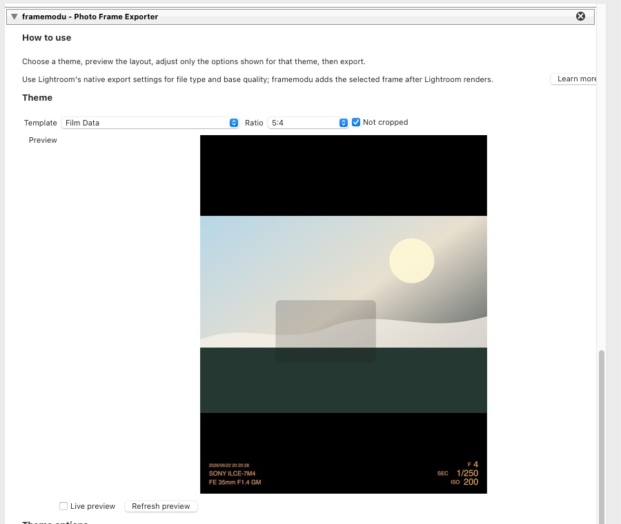 Template, Ratio, preview, Live preview, and Refresh preview controls in the framemodu export panel.